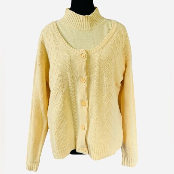 Vintage Cashmere Wool Twinset Size XL Cardigan Cable Knit Butter Yellow - Picture 1 of 9